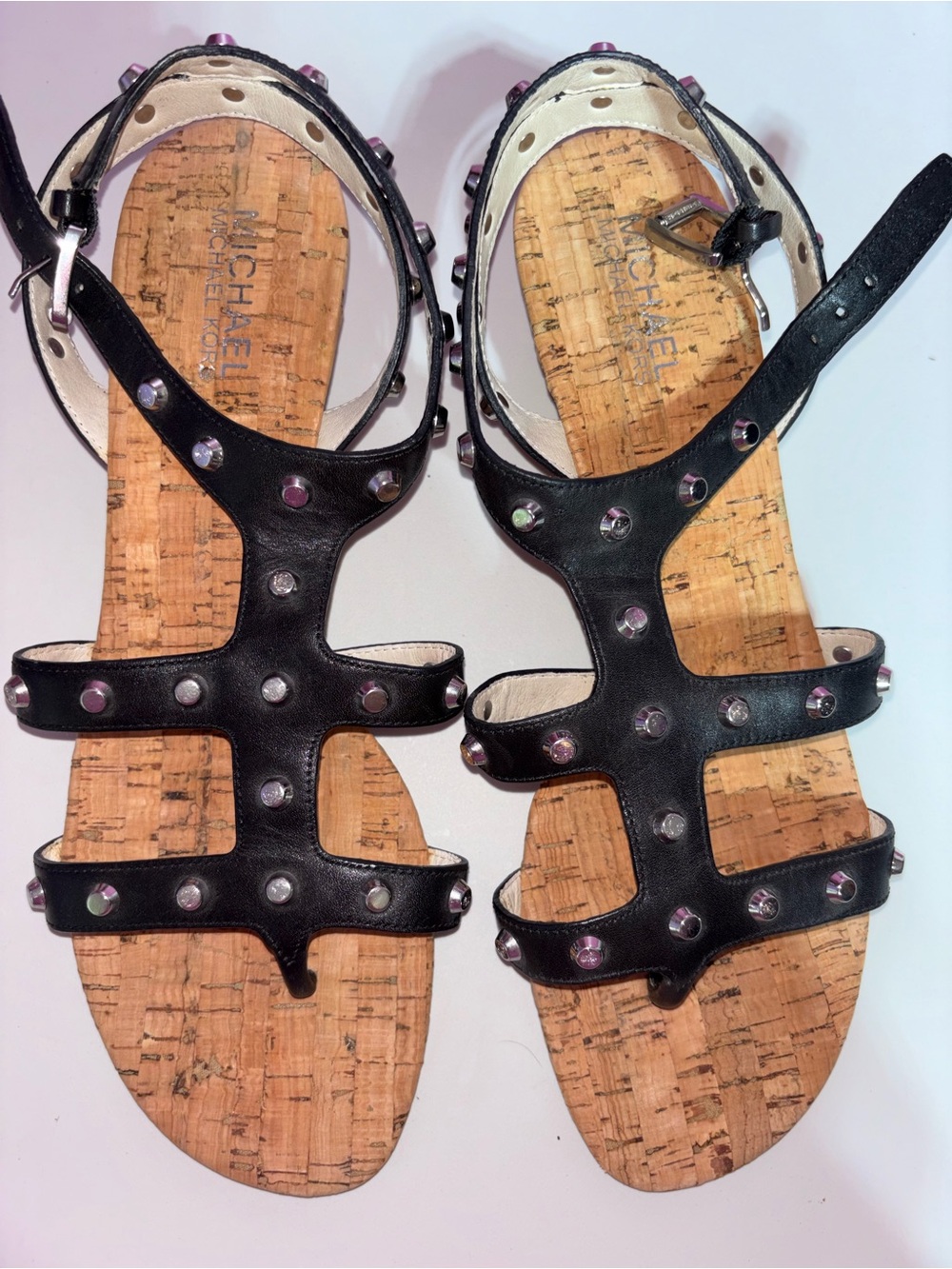 Michael Kors Black Leather Studded Cork Sandals Womenโs Size 10